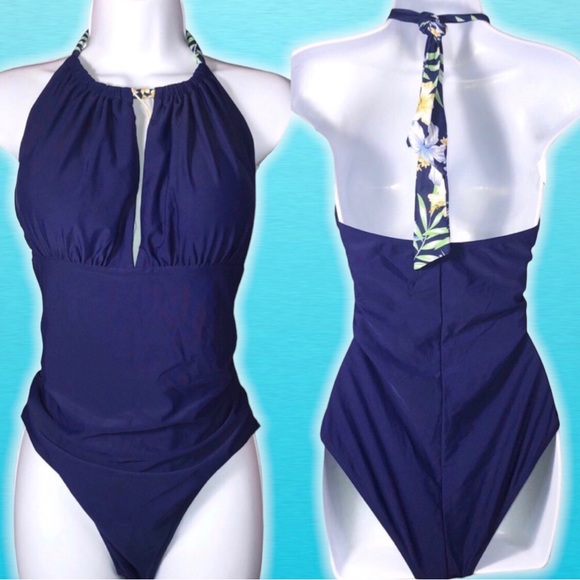 Dark Blue Swimsuit Swimming Halter Fly Rap Tie Neck Ruched Sides Size L - Picture 1 of 4